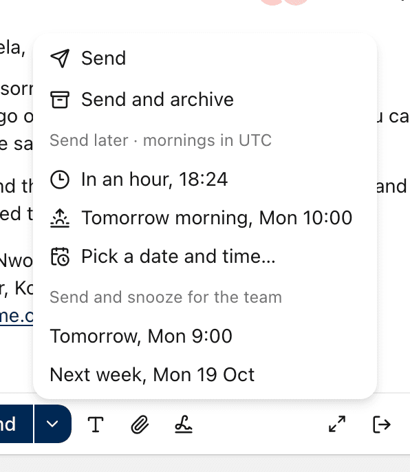 The More ways to send menu: Send, Send and archive, the Send later times, and Send and snooze for the team.