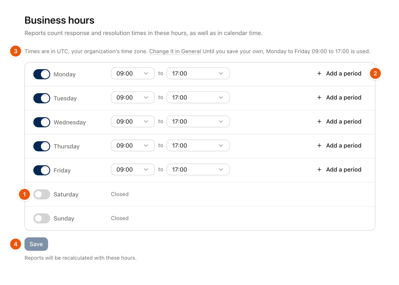Settings, Business hours: a switch and hours for each day, Add a period, the time zone note and Save.