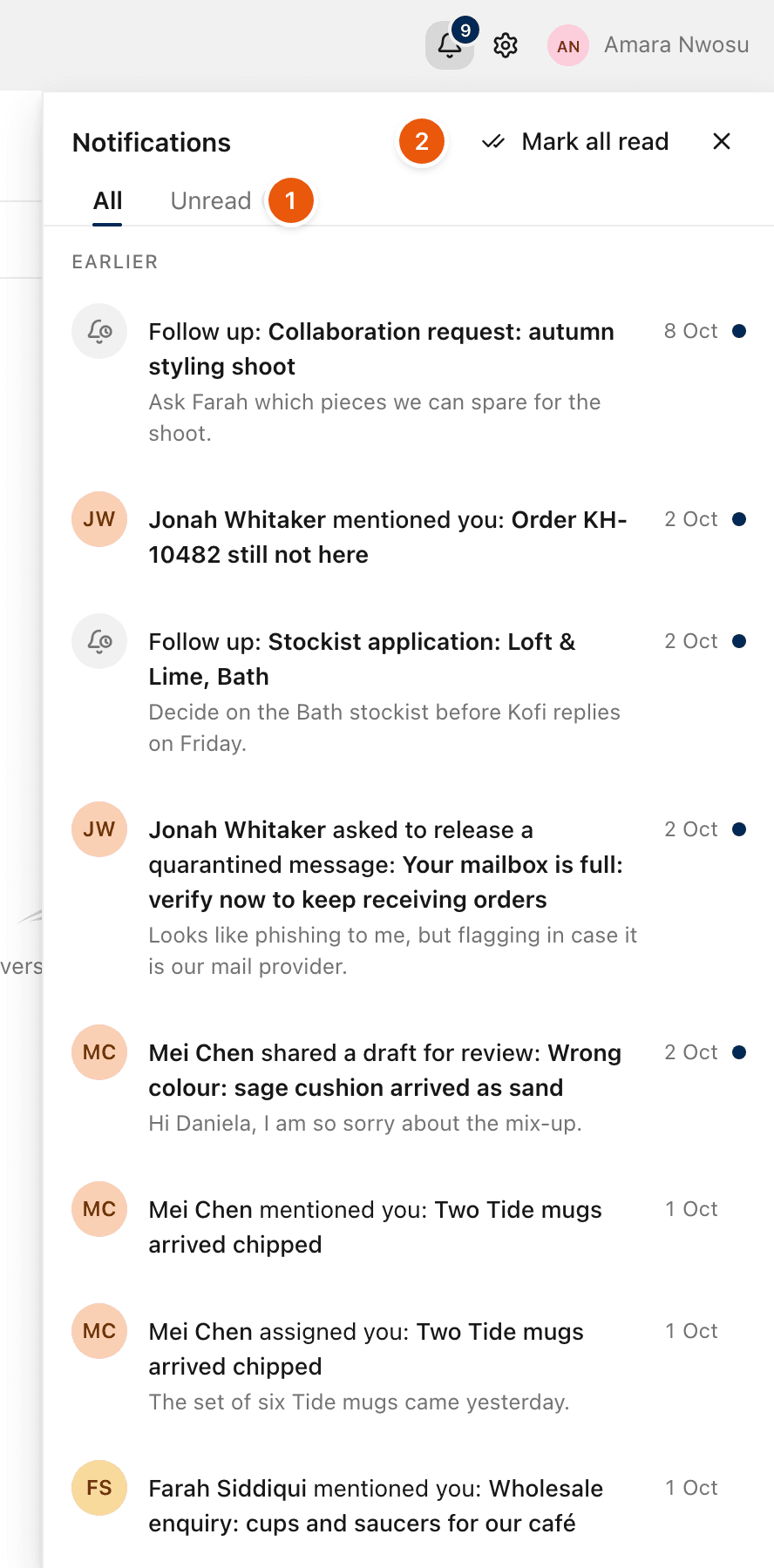 The notifications panel open under the bell: All and Unread tabs, Mark all read, and notifications about follow-ups, mentions, a release request and a shared draft.