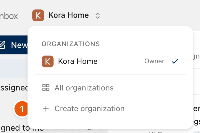The organization menu, open on Kora Home, with All organizations and Create organization.
