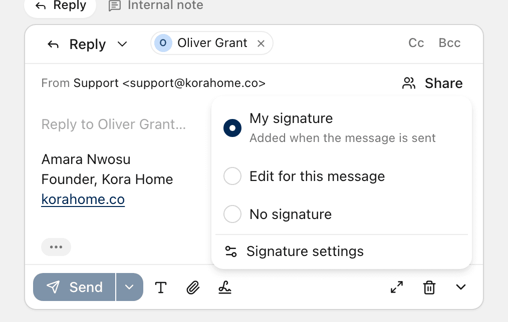 The signature menu in a reply: My signature, Edit for this message, No signature and Signature settings.