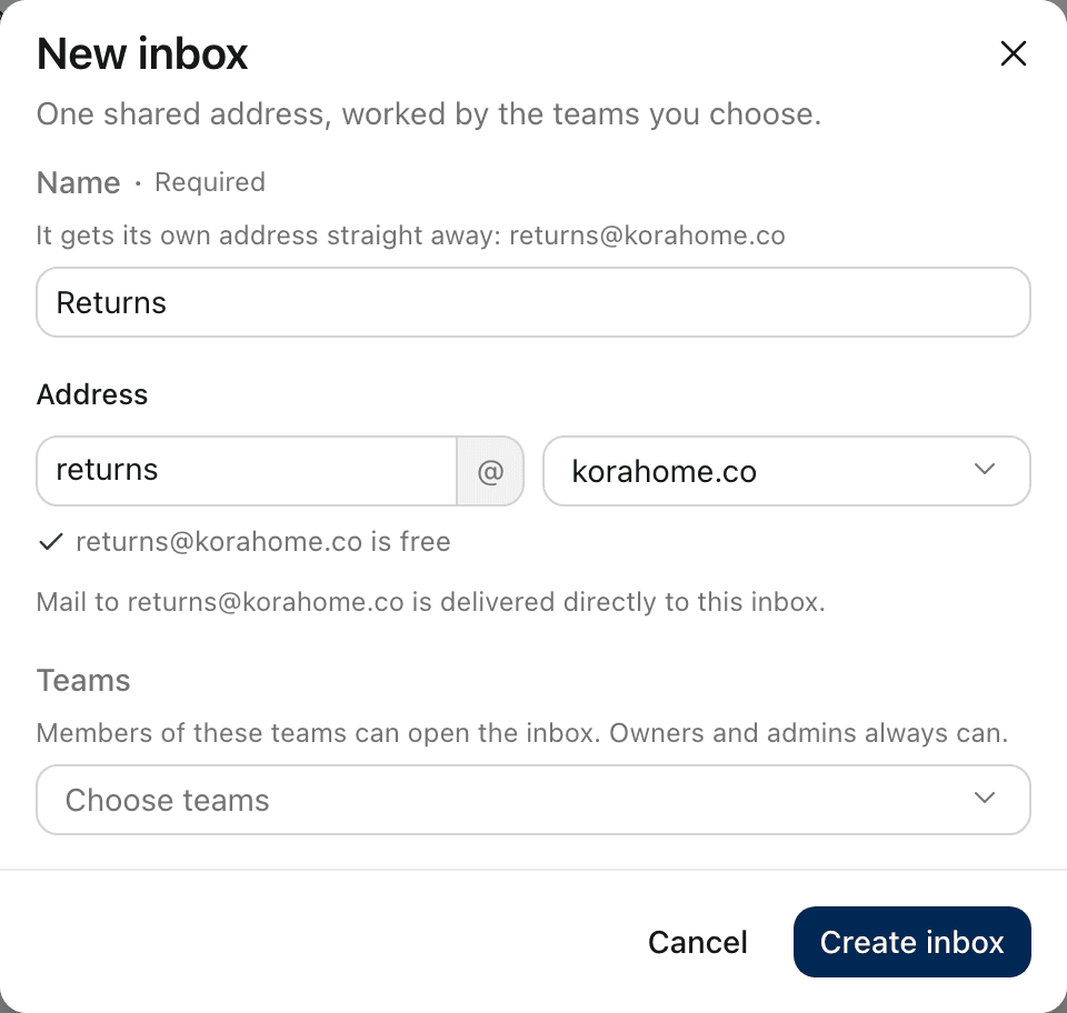 The New inbox dialog with a name, the address and its domain, and the Teams menu.