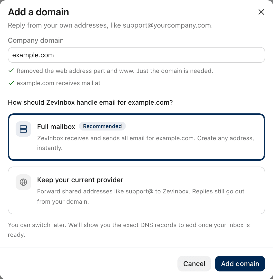 The Add a domain window after pasting https://www.example.com: ZevInbox removed the web address part and www.