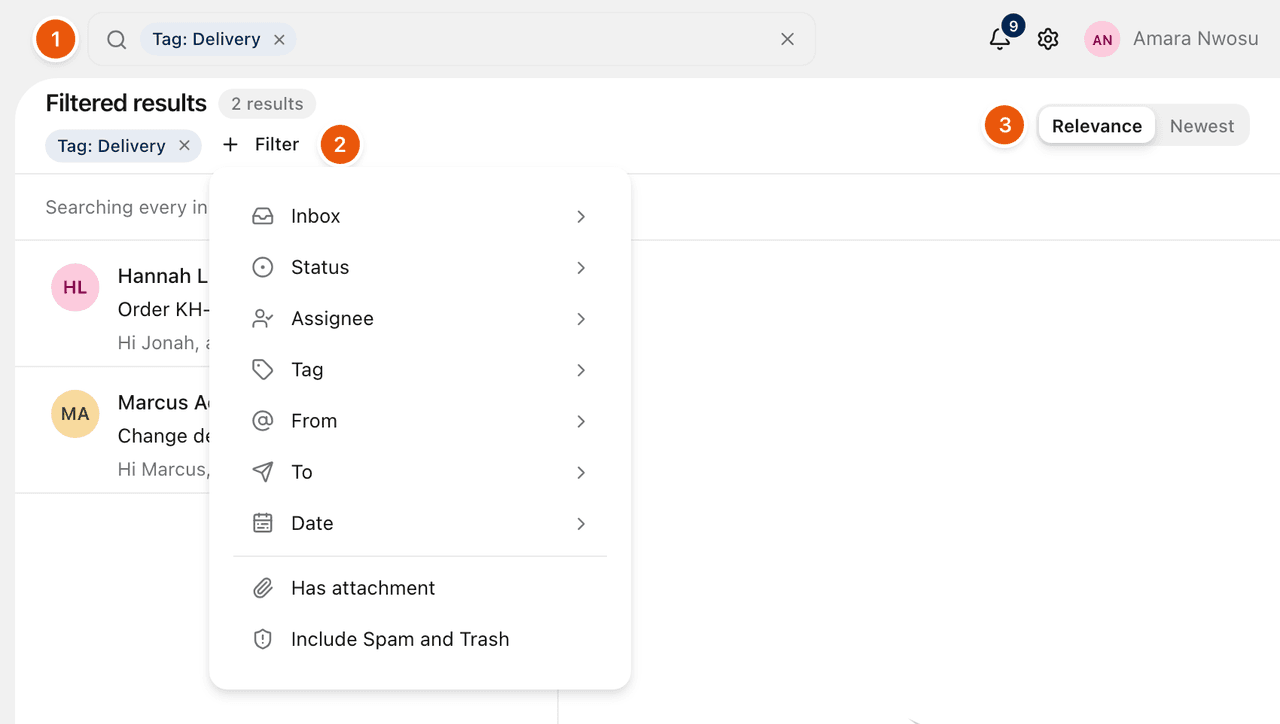 Search results filtered by a tag, with the + Filter menu open and the Relevance and Newest sort.