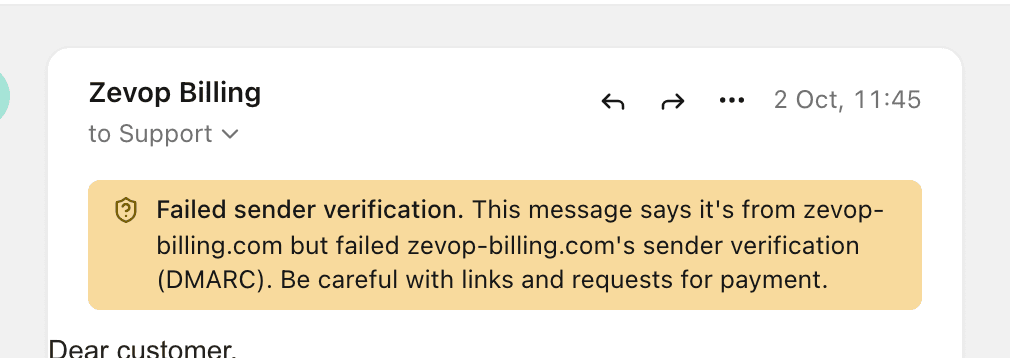 A message from Zevop Billing with the warning: Failed sender verification, be careful with links and requests for payment.