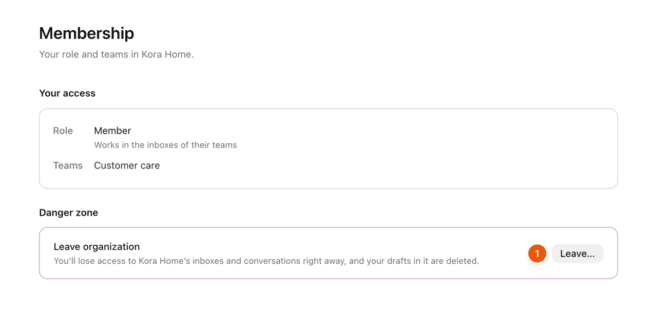 Settings, Membership for a member: their role and teams, and the Leave button.
