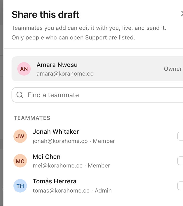 The Share this draft panel, with the draft's owner at the top and a list of teammates to tick.