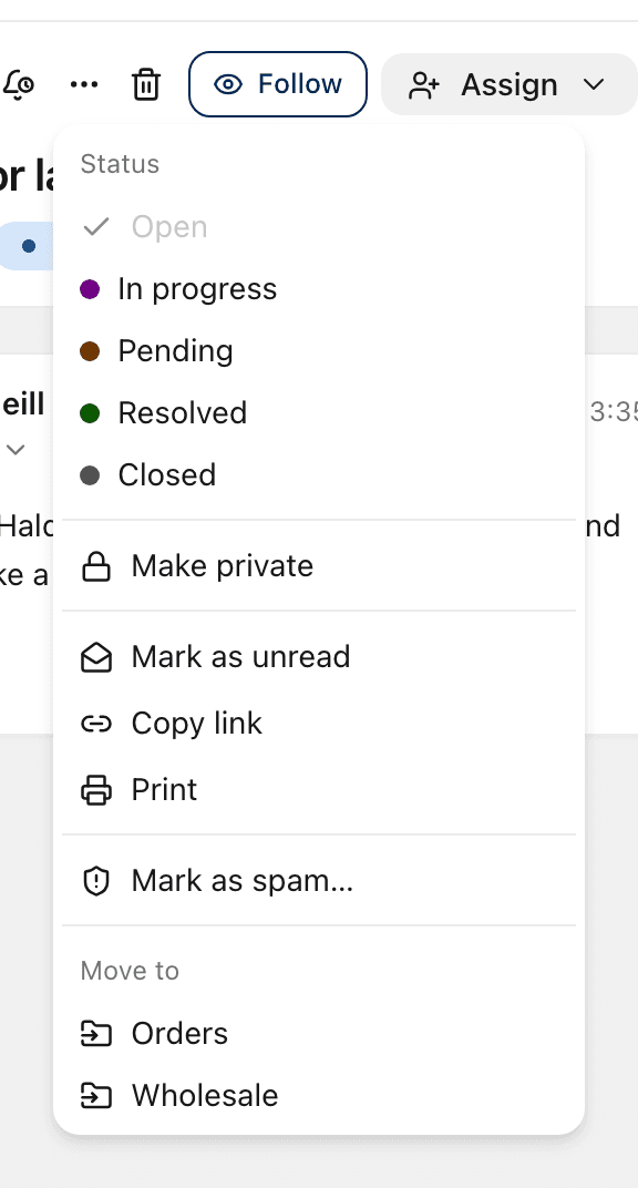 The More actions menu, with Status, Make private, Mark as unread, Copy link, Print and Mark as spam.