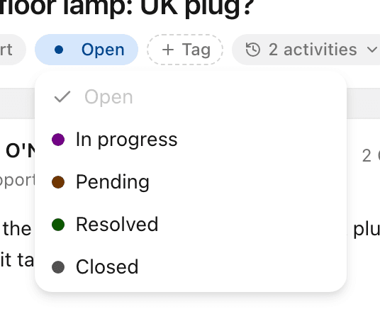 The status menu open under a conversation's subject, listing Open, In progress, Pending, Resolved and Closed.