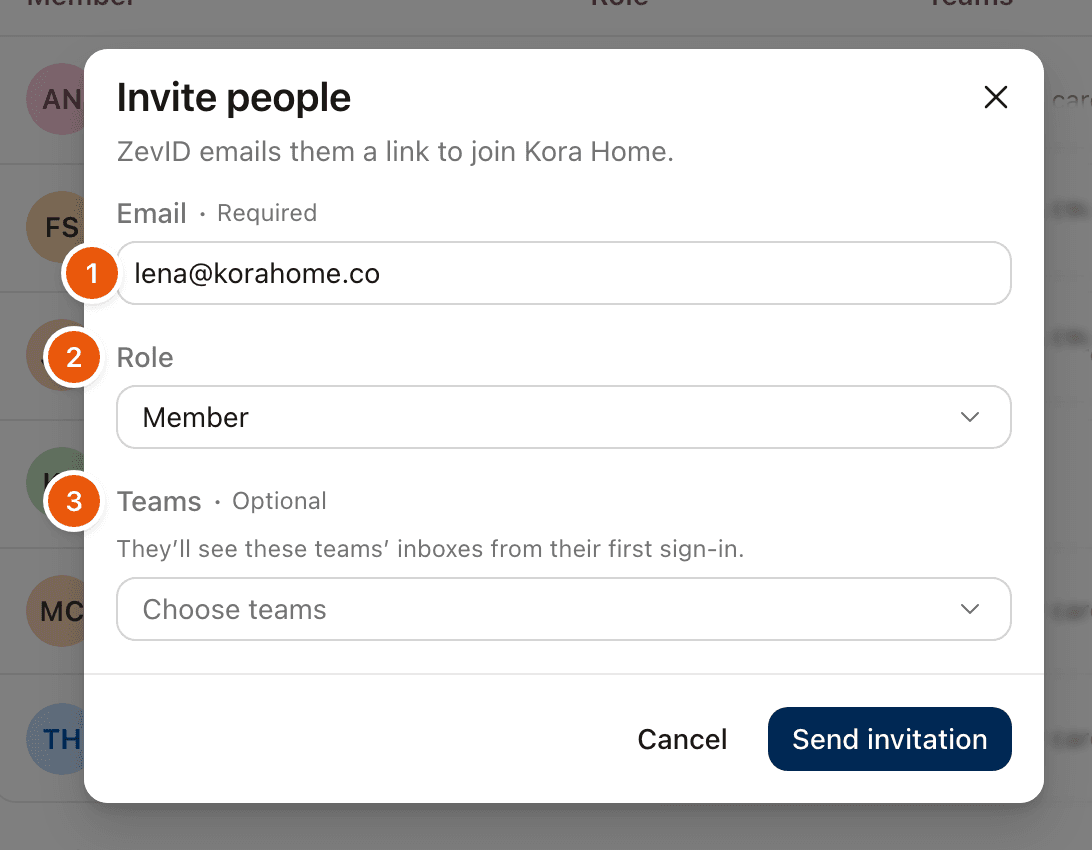 The Invite people dialog with an email address, the Role menu and the Teams menu.