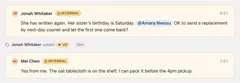 Internal notes between two teammates on a customer conversation.